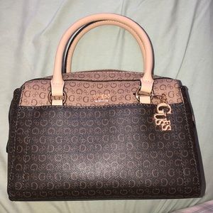 Brown tan Guess logo hand bag with shoulder strap